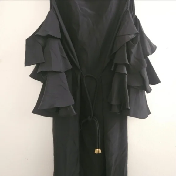 REVOLVE AMANDA UPRICHARD BLACK SILK COLD SHOULDER RUFFLE SLEEVE BELTED DRESS - Picture 6 of 12